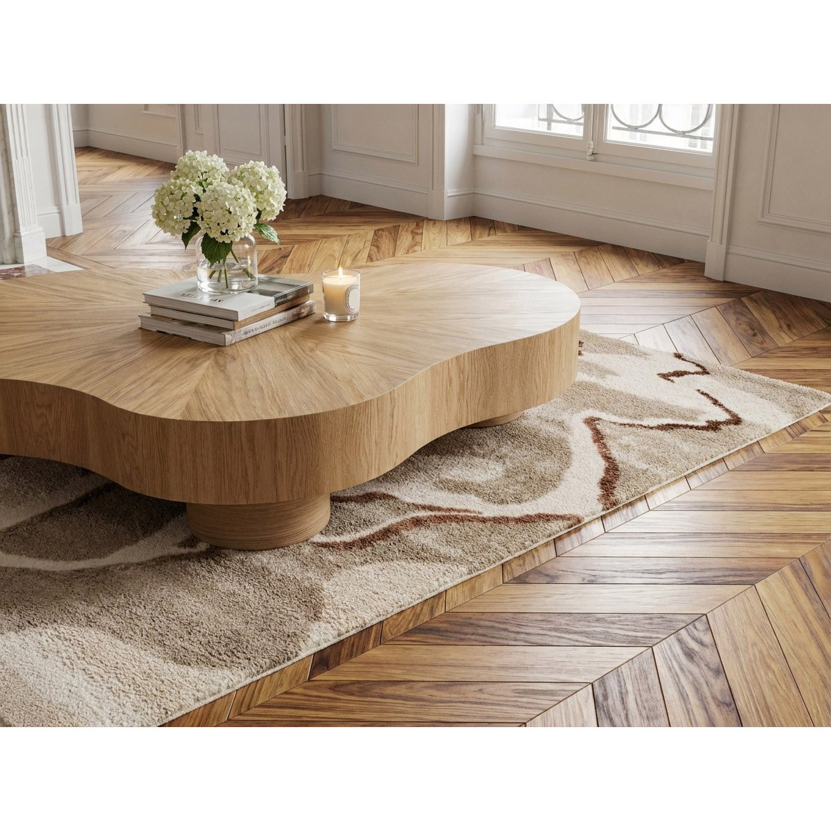 Table basse ronde en placage, CORBUSIER marron clair, BOBOCHIC