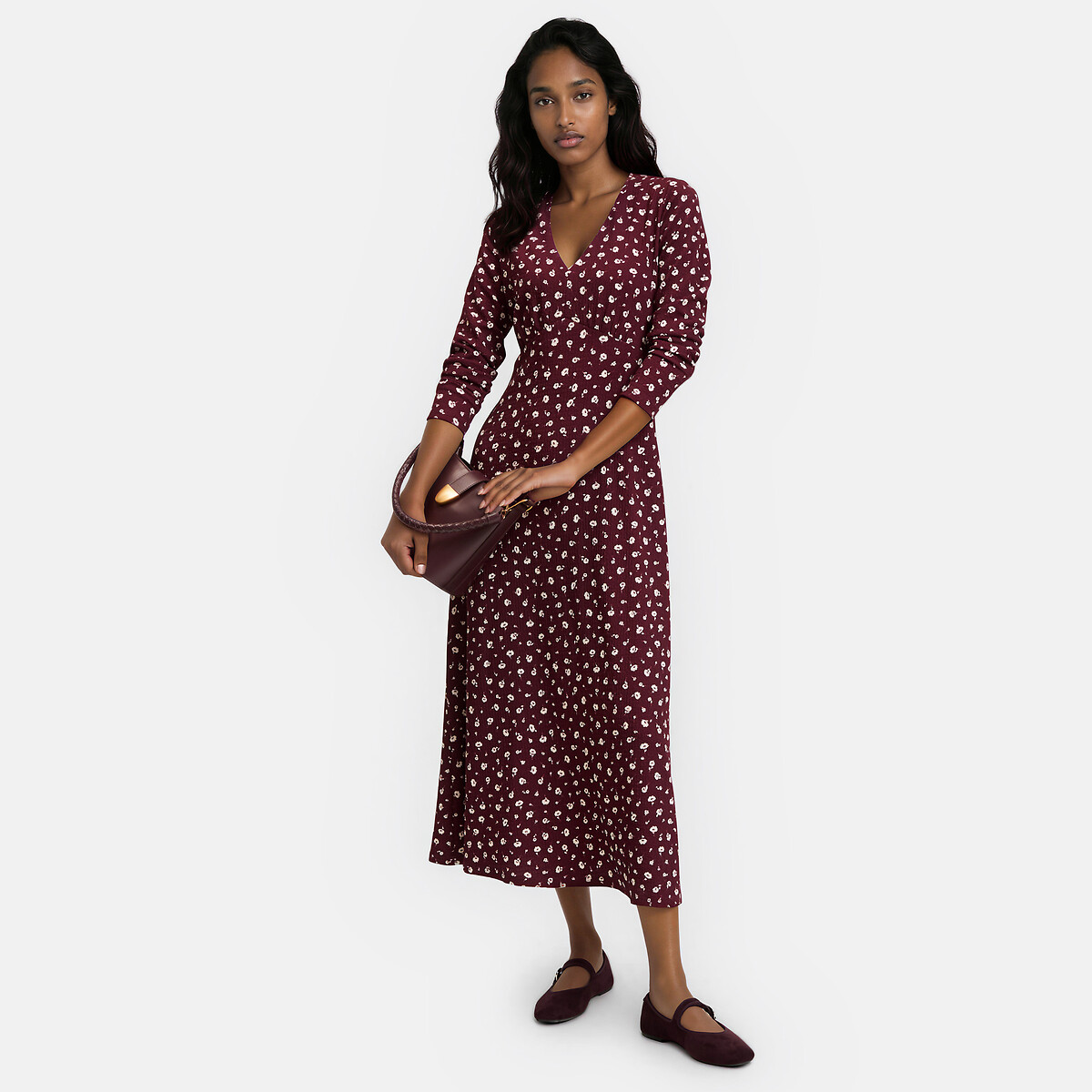 Robe longue imprimé floral évasée à col V et manches longues imprimé fleurs fond bordeaux, LA REDOUTE COLLECTIONS