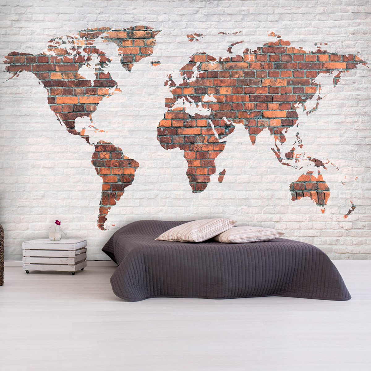 Papier peint intissé panoramique Carte du monde World Map: Brick Wall gris / argent, EDEN