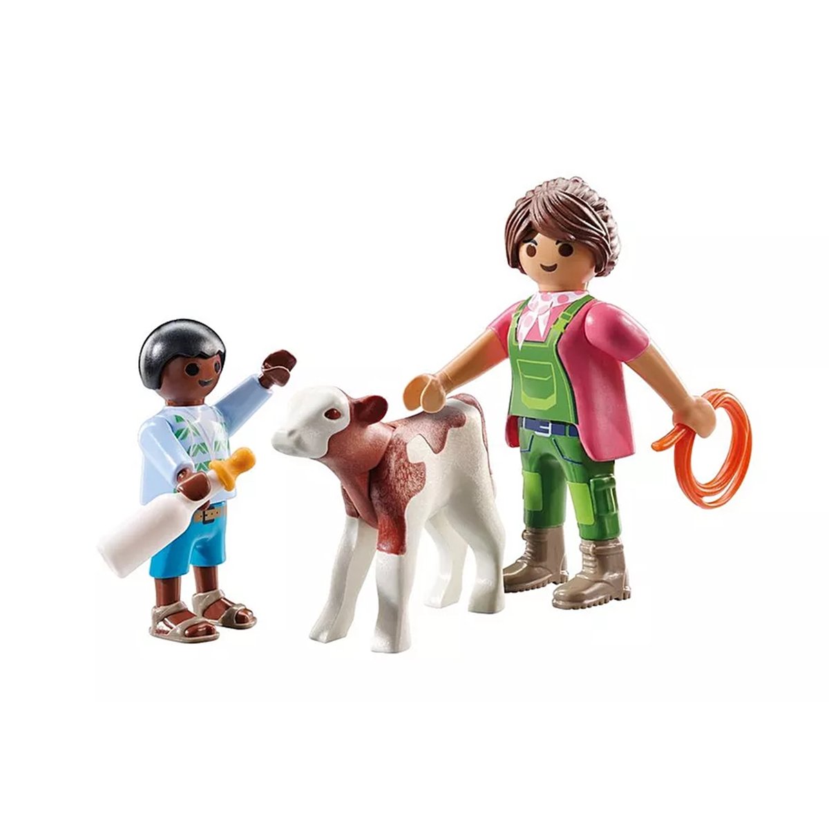 Duo : Fermière avec enfant donnant le biberon à un veau multicolore, PLAYMOBIL