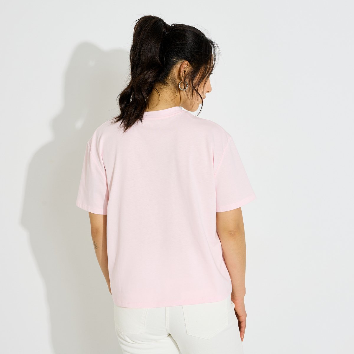 T-shirt col rond détail crochet rose, GRAIN DE MALICE