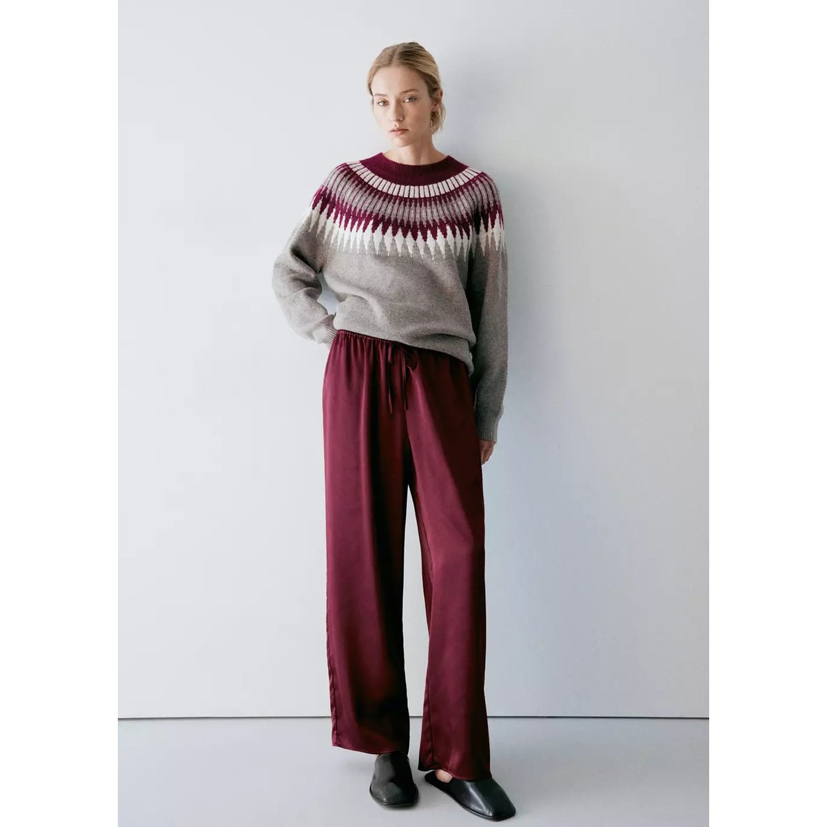 Pull de pyjama en maille à col rond bordeaux, MANGO