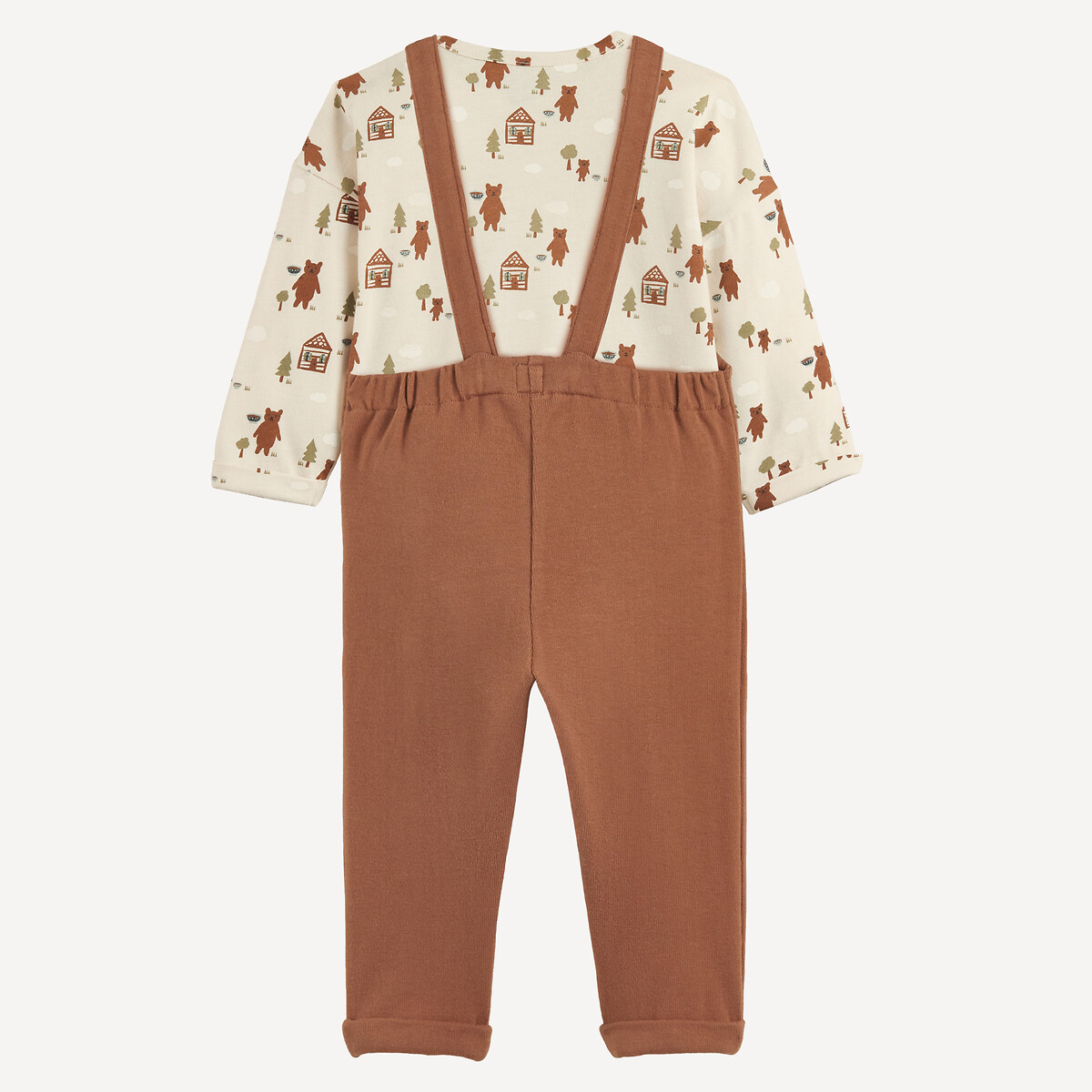 2-teiliges Set, T-Shirt mit Bärenmotiv und Latzhose mit schmalen Trägern braun/ecru, LA REDOUTE COLLECTIONS