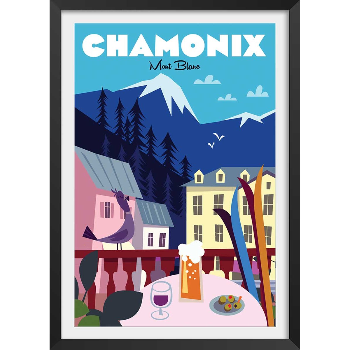 Affiche Chamonix Mont Blanc affiche + cadre en bois - noir, HEXOA