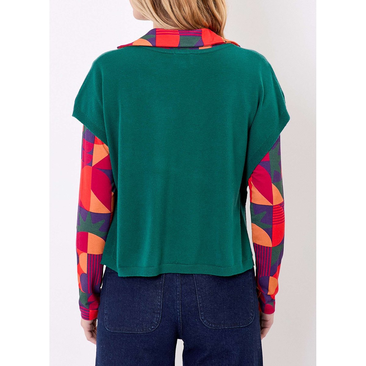 Pull maille sans manche col V SATINKA vert, LA FIANCÉE