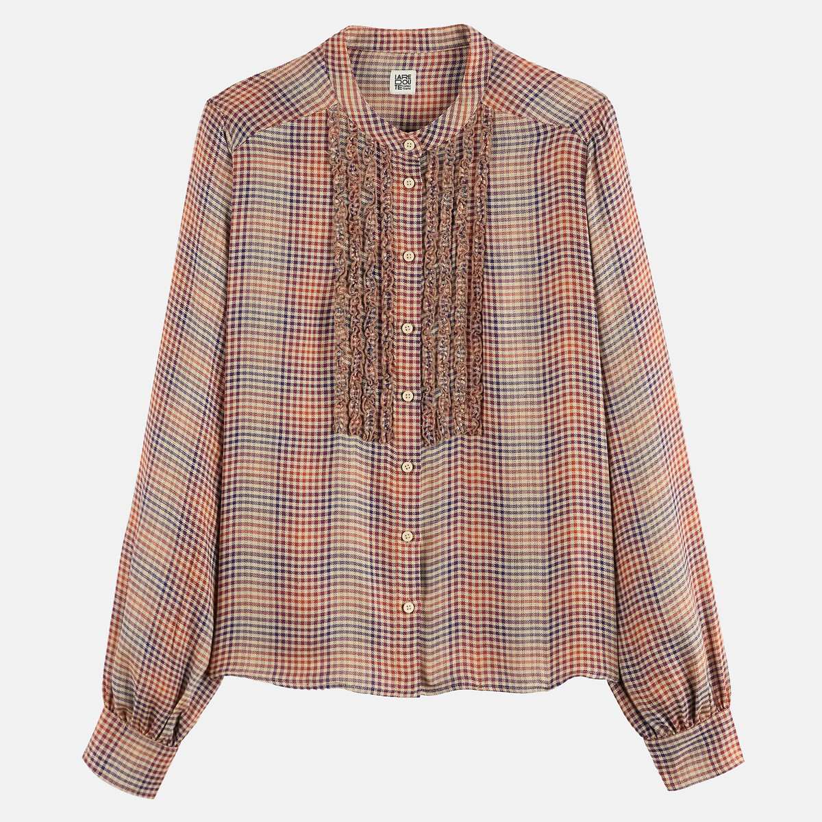 Chemise col rond, à carreaux et volants, manches longues carreaux, LA REDOUTE COLLECTIONS