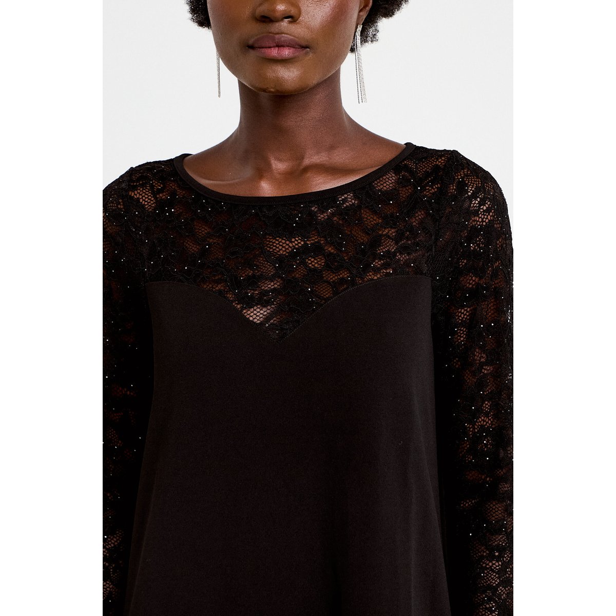 Robe bi-matière courte col rond noir, CACHE CACHE