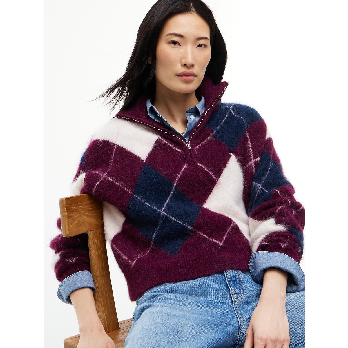 Pull jacquard col montant zippé bordeaux, TOMMY JEANS