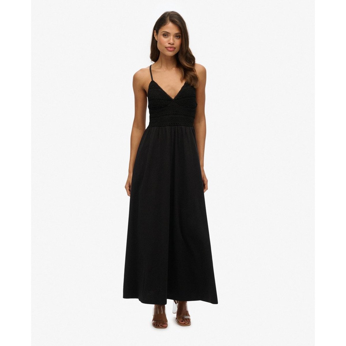 Robe longue en jersey à dentelle noir, SUPERDRY