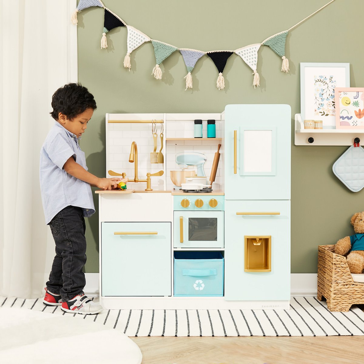 Cuisine enfant avec four, réfrigérateur et accessoires, Vert Menthe, BISCAY couleur unique, TEAMSON KIDS