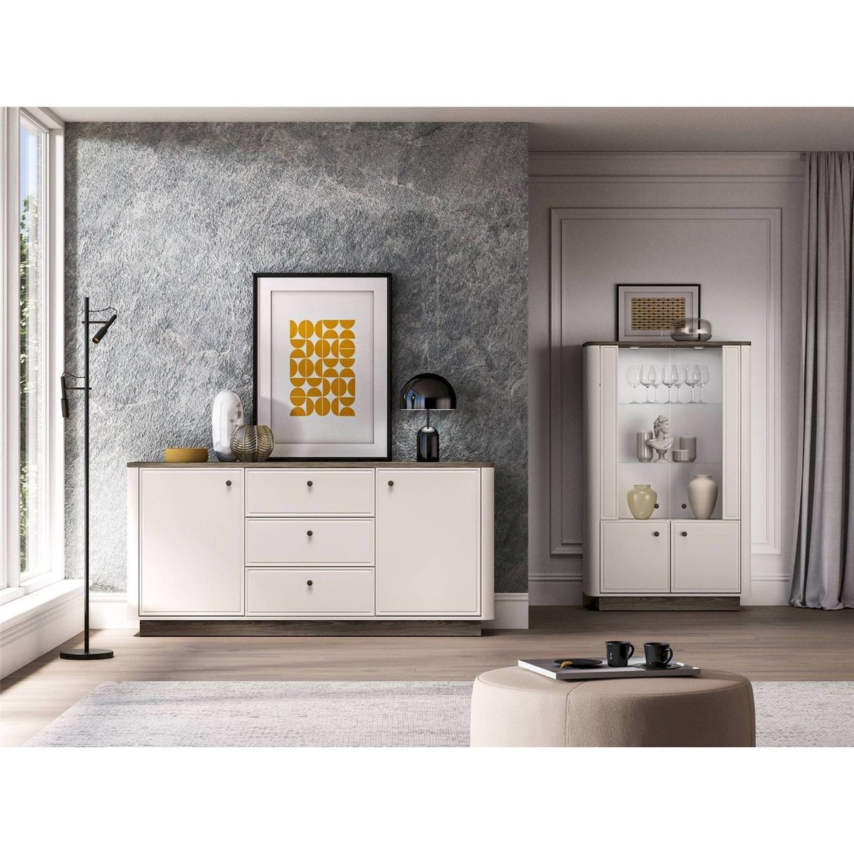 Vitrine basse 4 portes éclairée VILAVIO beige cachemire et chêne foncé, RECOLLECTION