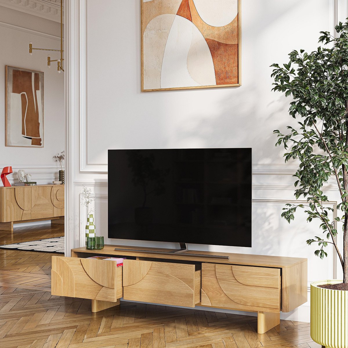 Banc TV panneau de particule, panneau et dérivés de bois MILORD naturel clair, HABITAT