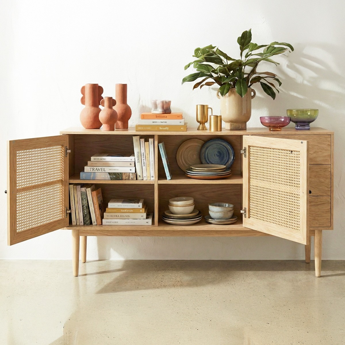Buffet 2 portes 3 tiroirs en cannage et bois - EDEN naturel, HOMIFAB