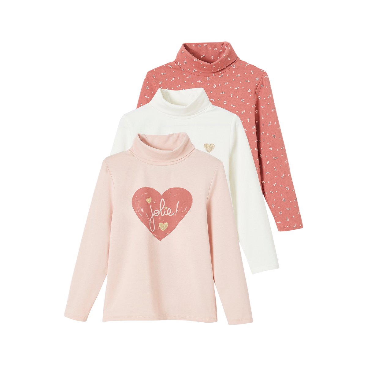 Lot de 3 T-shirts col roulés lot rose poudré, VERTBAUDET