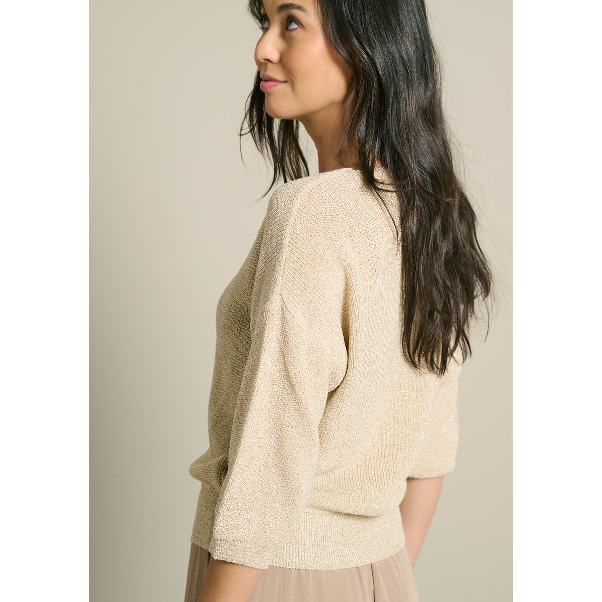 Pull fil textile manches 3/4 champagne sand, LOLALIZA