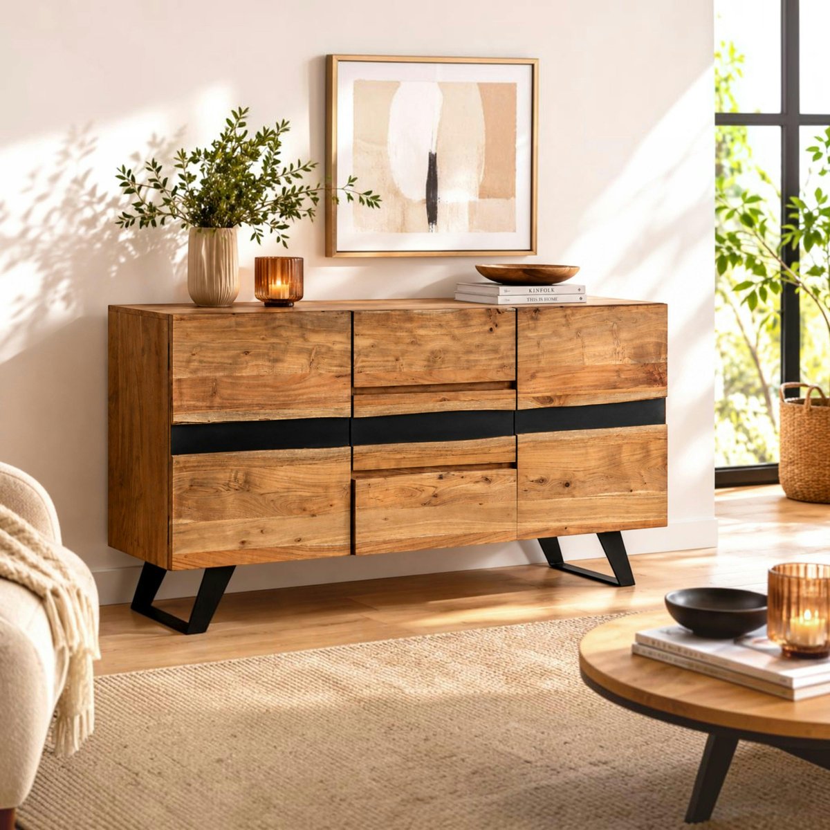 Buffet en bois d'acacia 2 portes 3 tiroirs CANYON bois naturel, PIER IMPORT