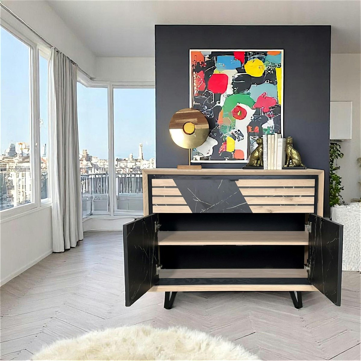 Buffet 2 portes chêne blanc décor graphique ESSEN chêne blanc, PIER IMPORT