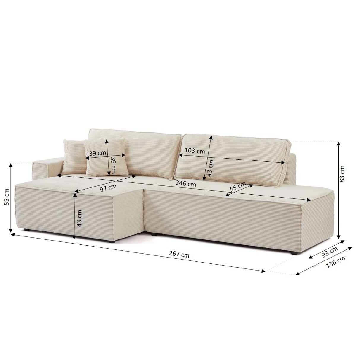 Canapé d'angle gauche convertible velours ZOLA beige, BAÏTA