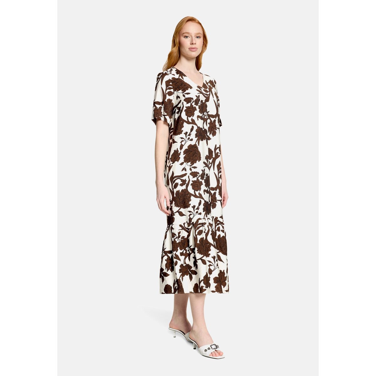 Robe longueur midi à volant blanc/marron, CARTOON
