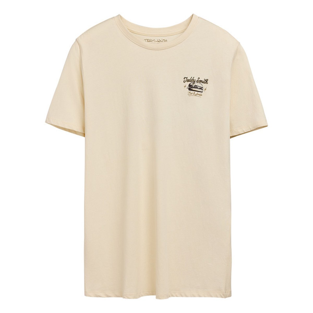 T-shirt en coton beige imprimé hamburger au dos et à la poitrine à col rond beige, TEDDY SMITH