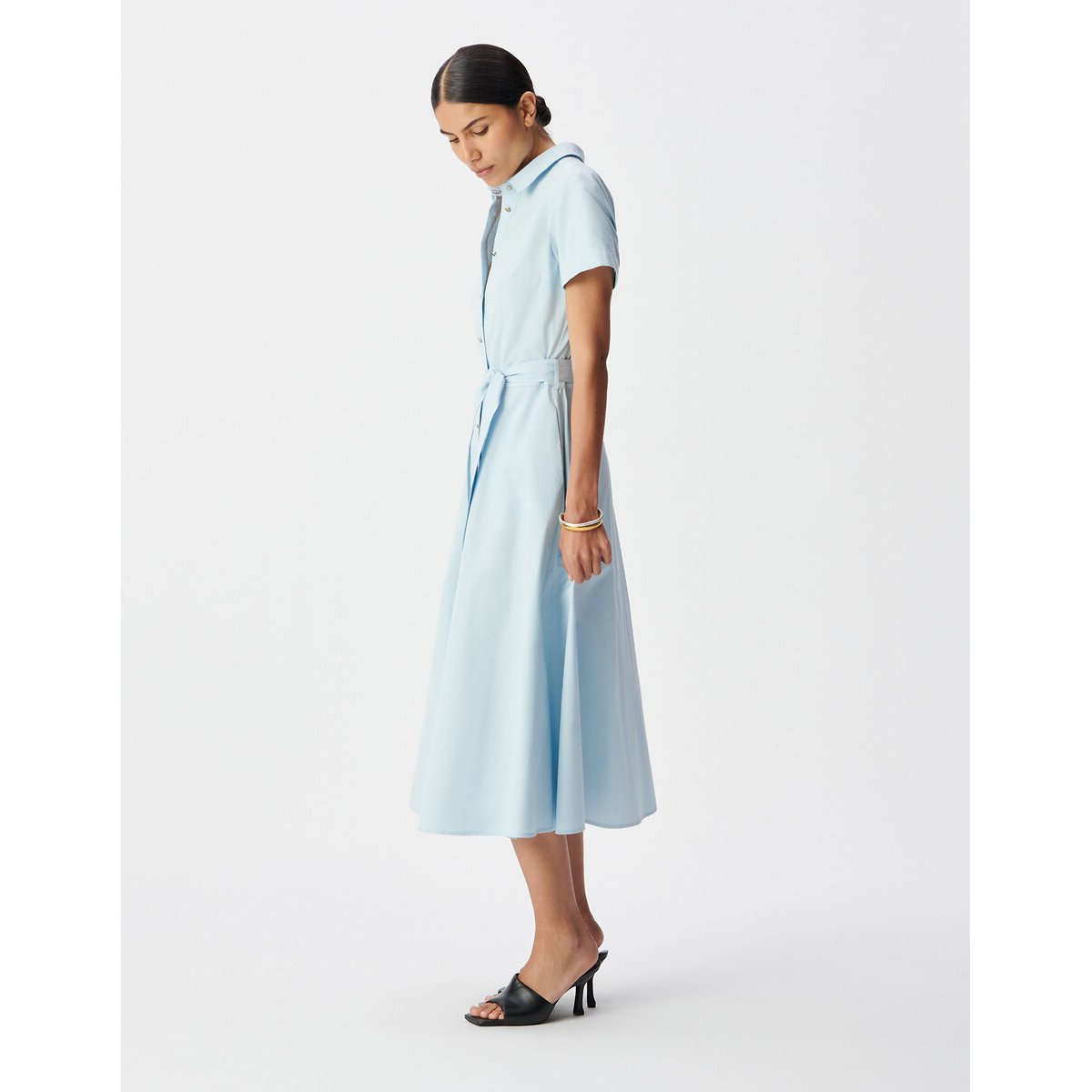 Vestido camisero midi de manga corta con cinturón azul chambray, IKKS