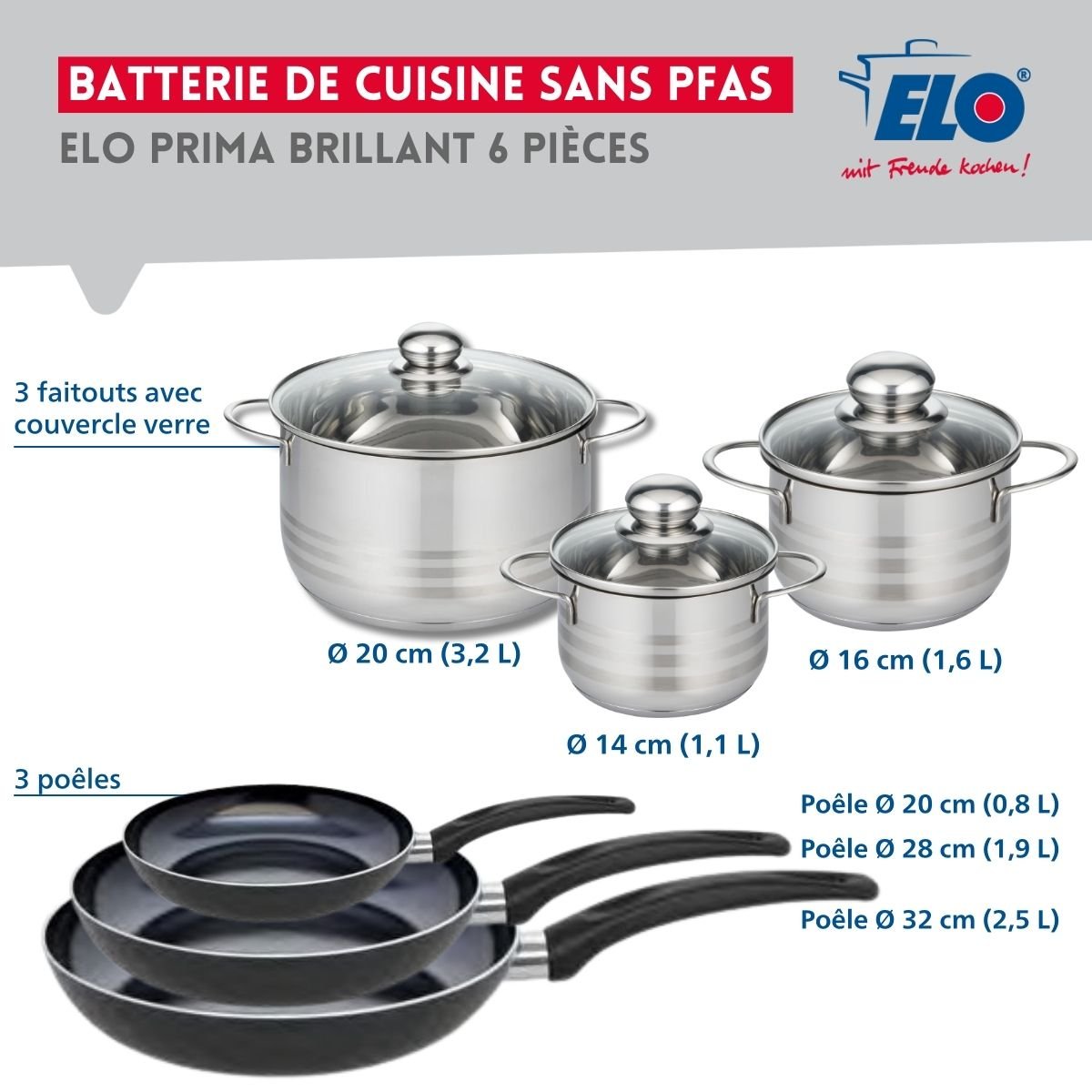 3 poêles 20/28/32cm + 3 faitouts 14/16/20cm PRIMA BRILLANT noir, ELO