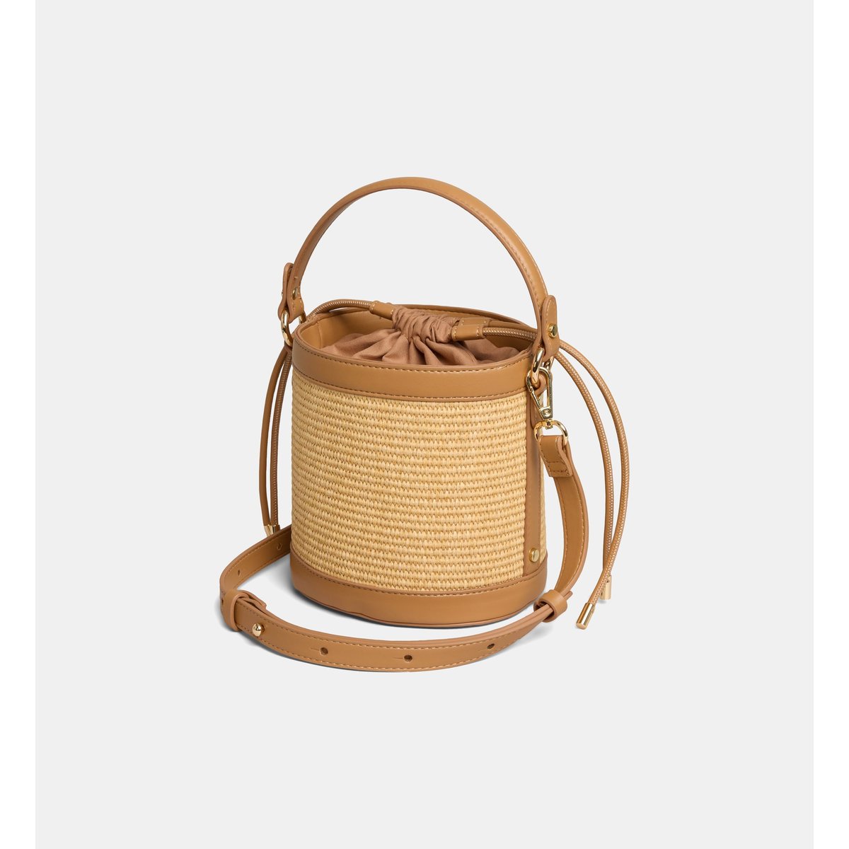 Sac seau panier flavia lisse et paille camel naturel, GALERIES LAFAYETTE