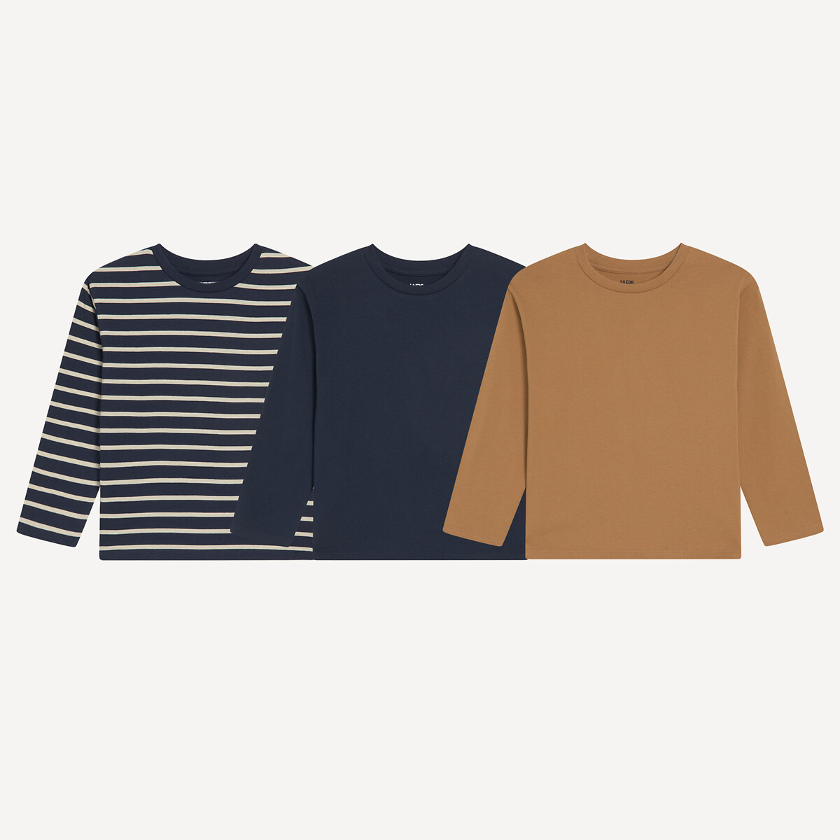 Pack of 3 Long Sleeve T-Shirts navy+striped+camel, LA REDOUTE COLLECTIONS