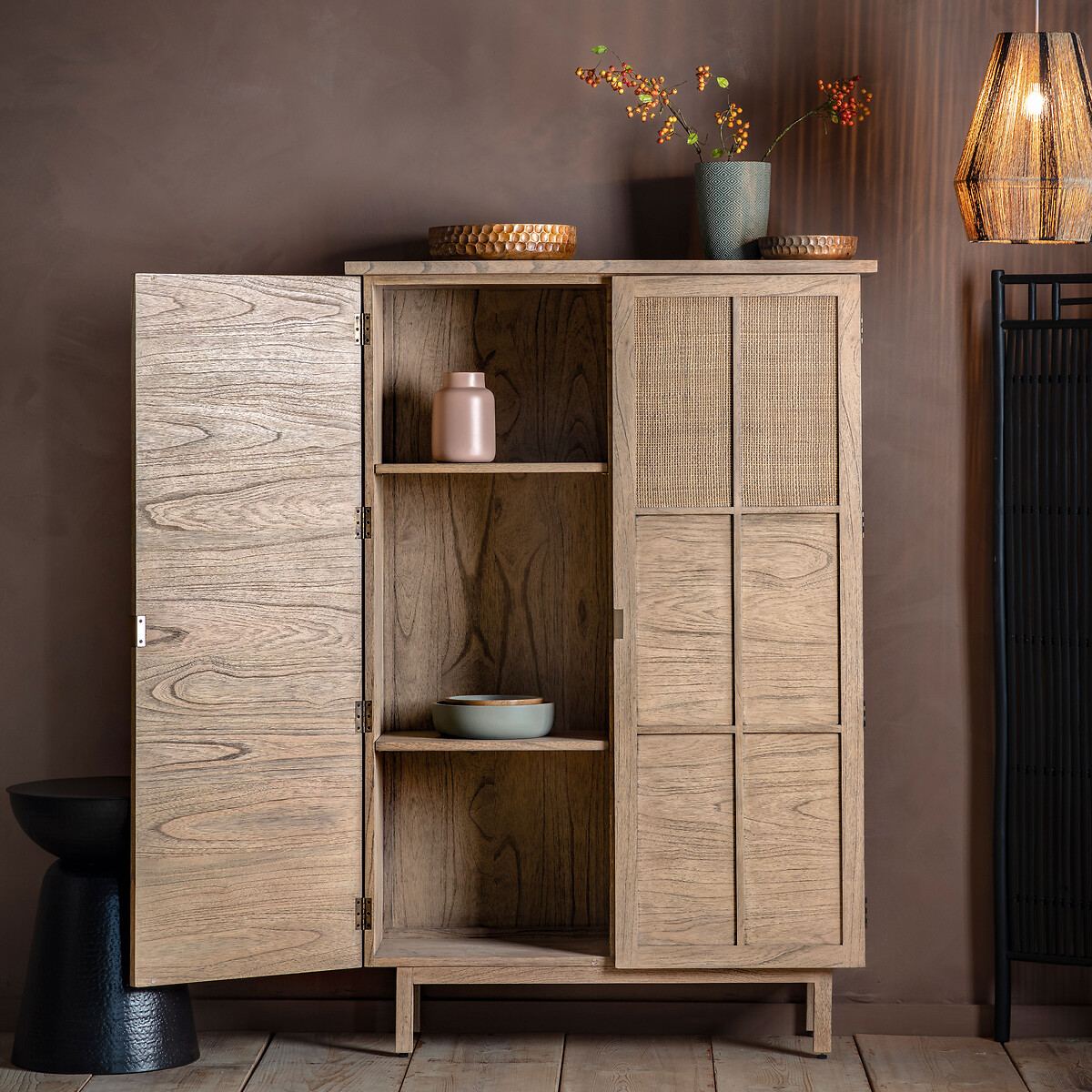 Bharhut Japandi Panelled Rattan 2 Door Cupboard wood, ÉDITÉ