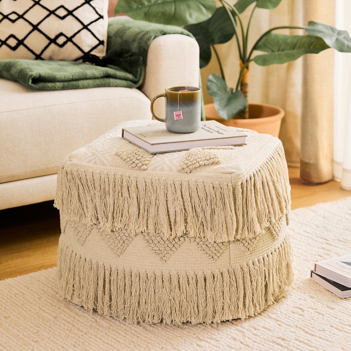 Pouf repose-pieds carré en coton capitonné bohème Oeko-Tex® - CALLI beige naturel, ICON