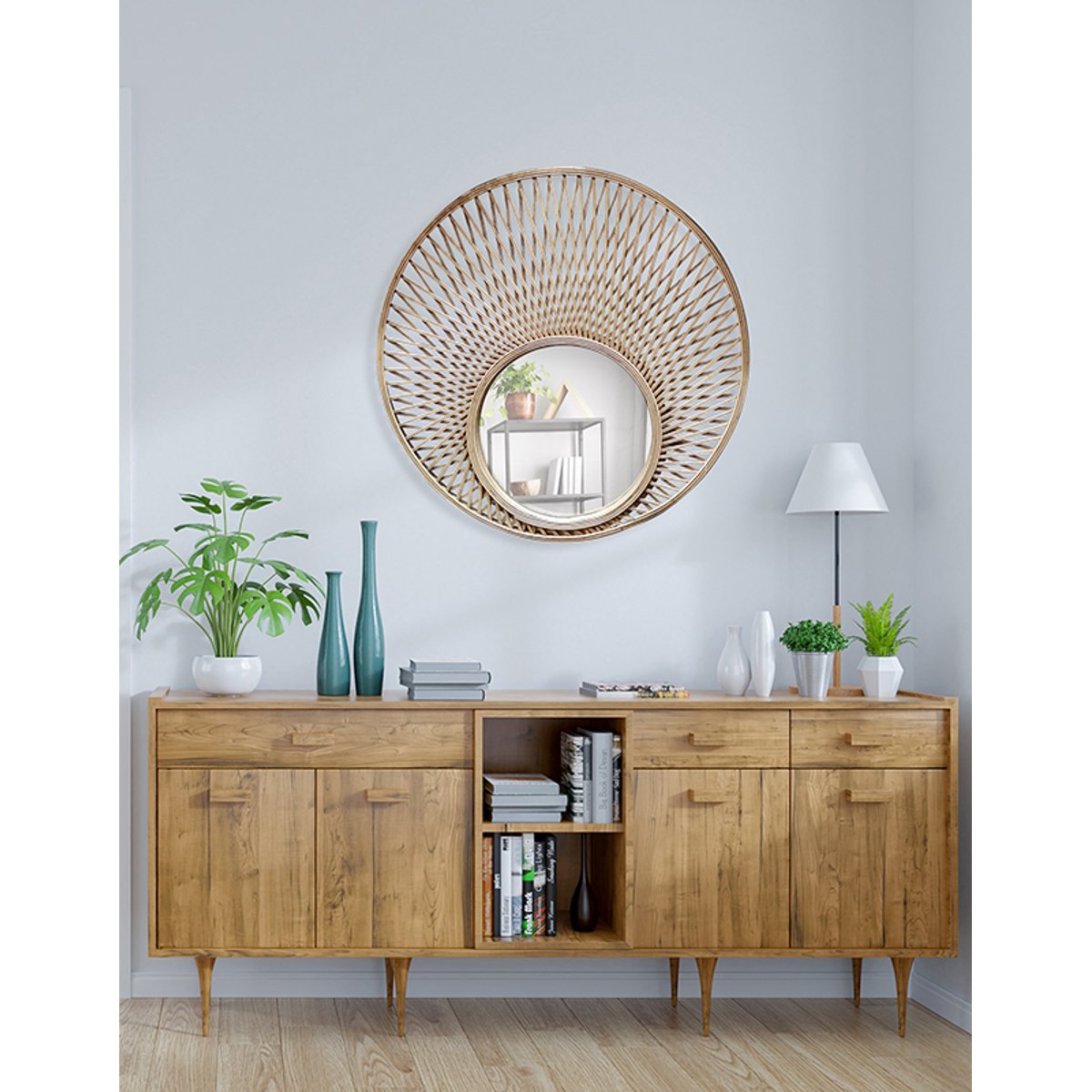 Miroir rond décalé en bambou 80cm beige, EMDE