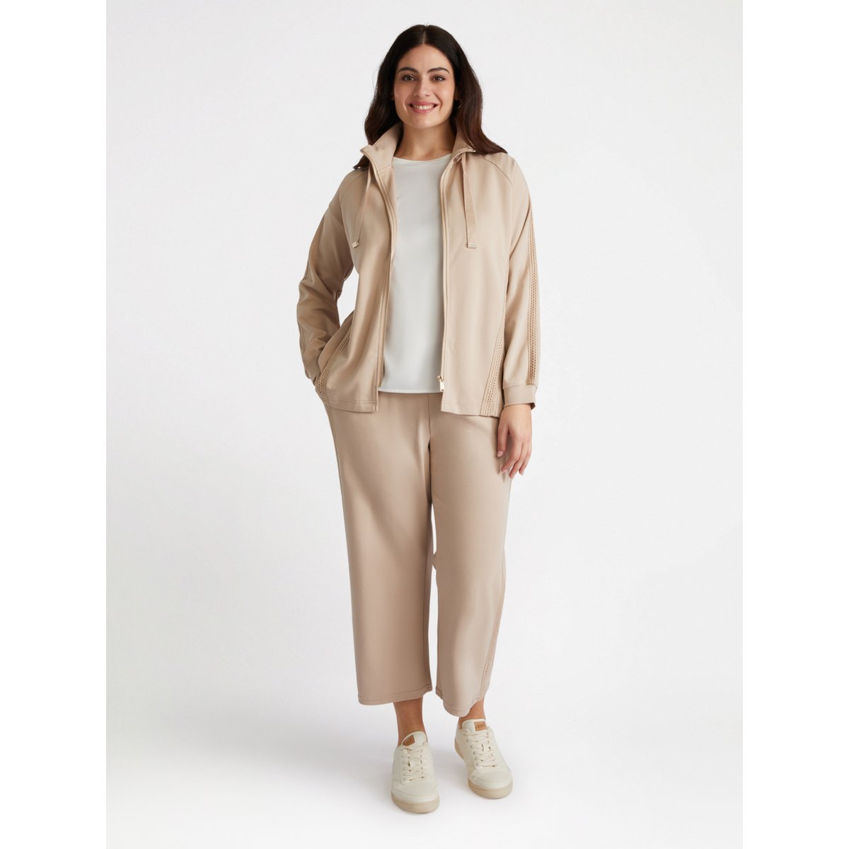 Pantalon de jogging court avec bords en dentelle beige, FIORELLA RUBINO