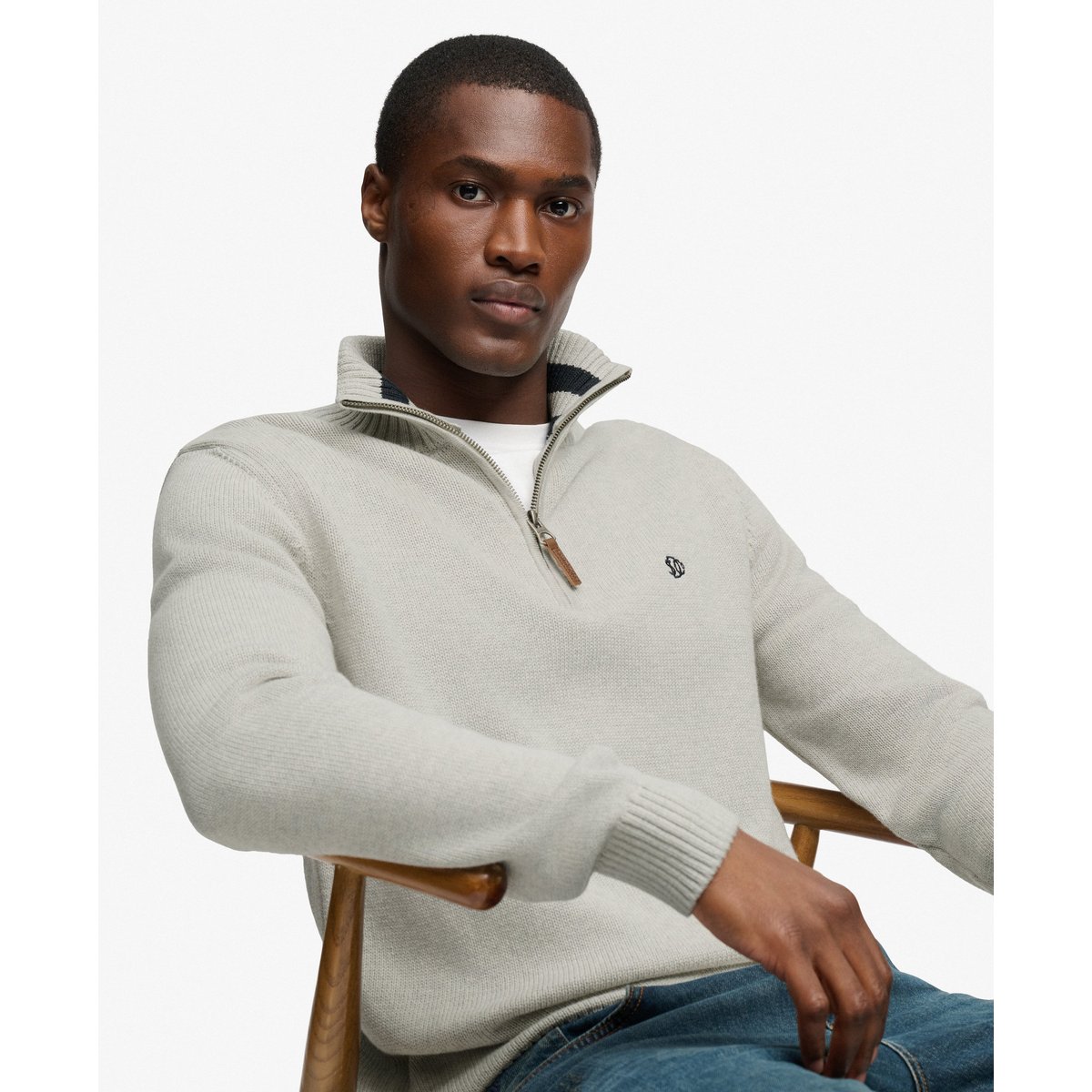 Pull à col zippé en maille de coton Classics gris chiné, SUPERDRY