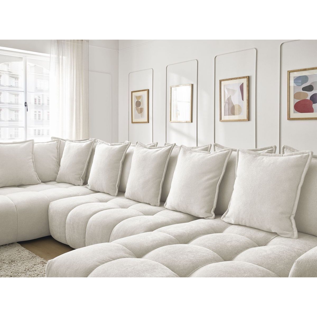 Canapé panoramique convertible 6 places en tissu texturé, EVEREST blanc, BOBOCHIC