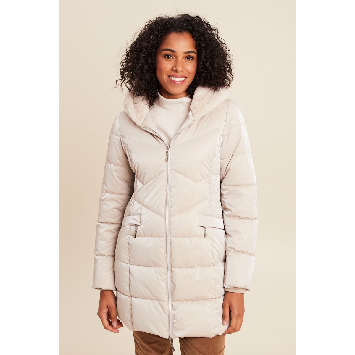 Doudoune mi-longue à capuche beige, BREAL