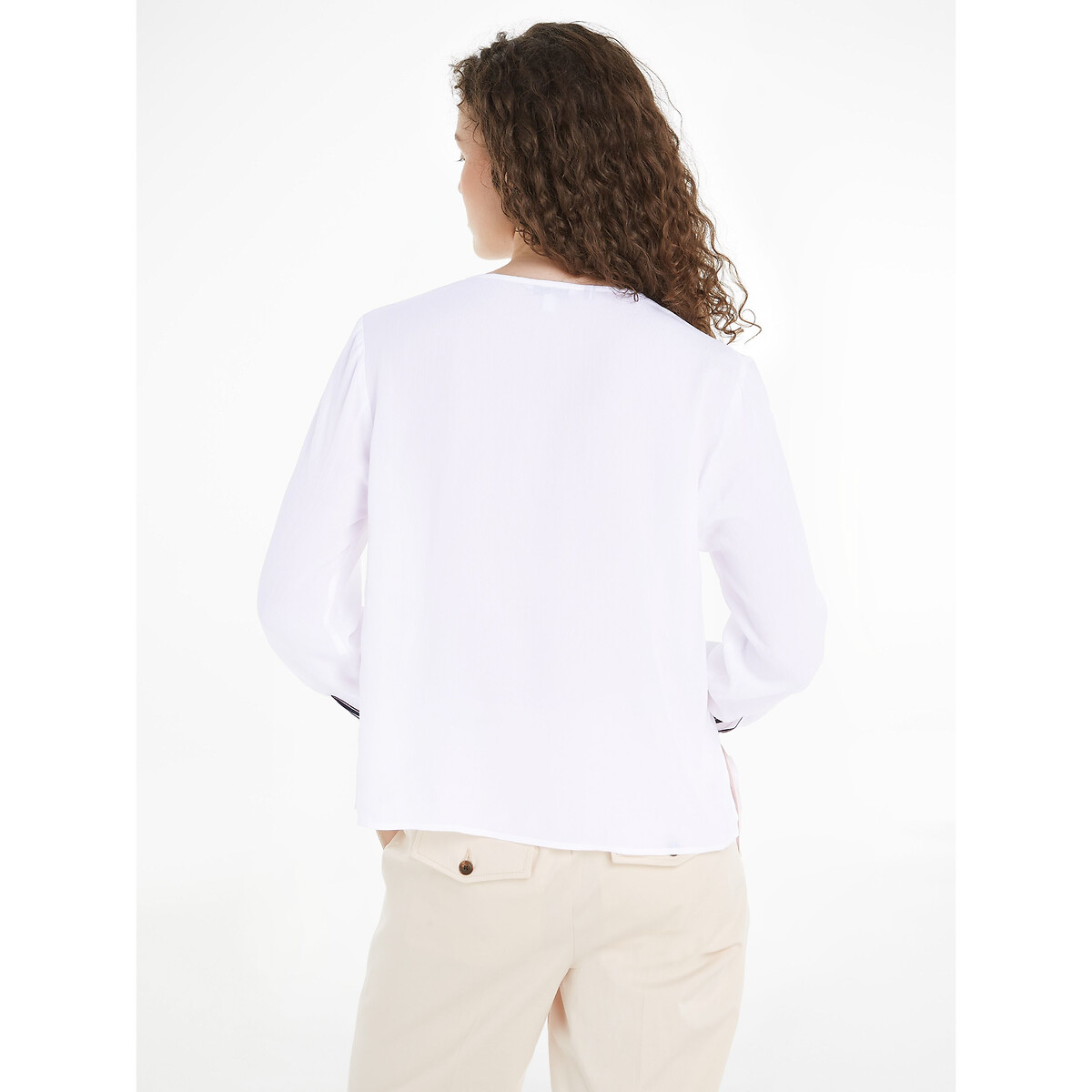 Blusa con maniche lunghe scollo a V bianco, TOMMY HILFIGER