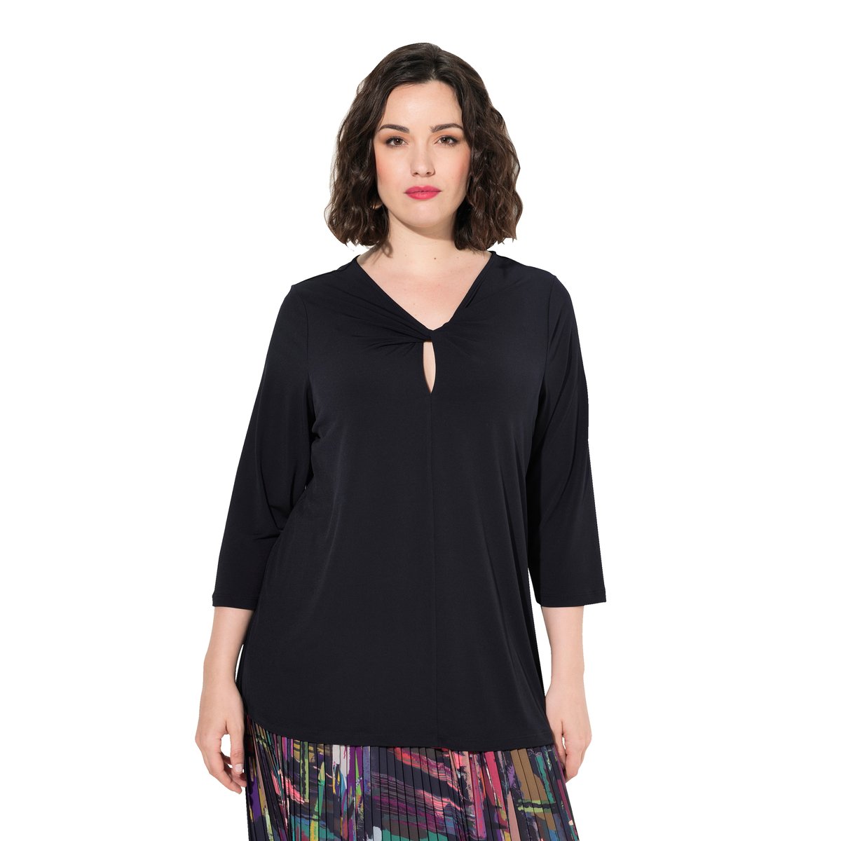 T-shirt avec décolleté drapé et manches 3/4. marine, ULLA POPKEN