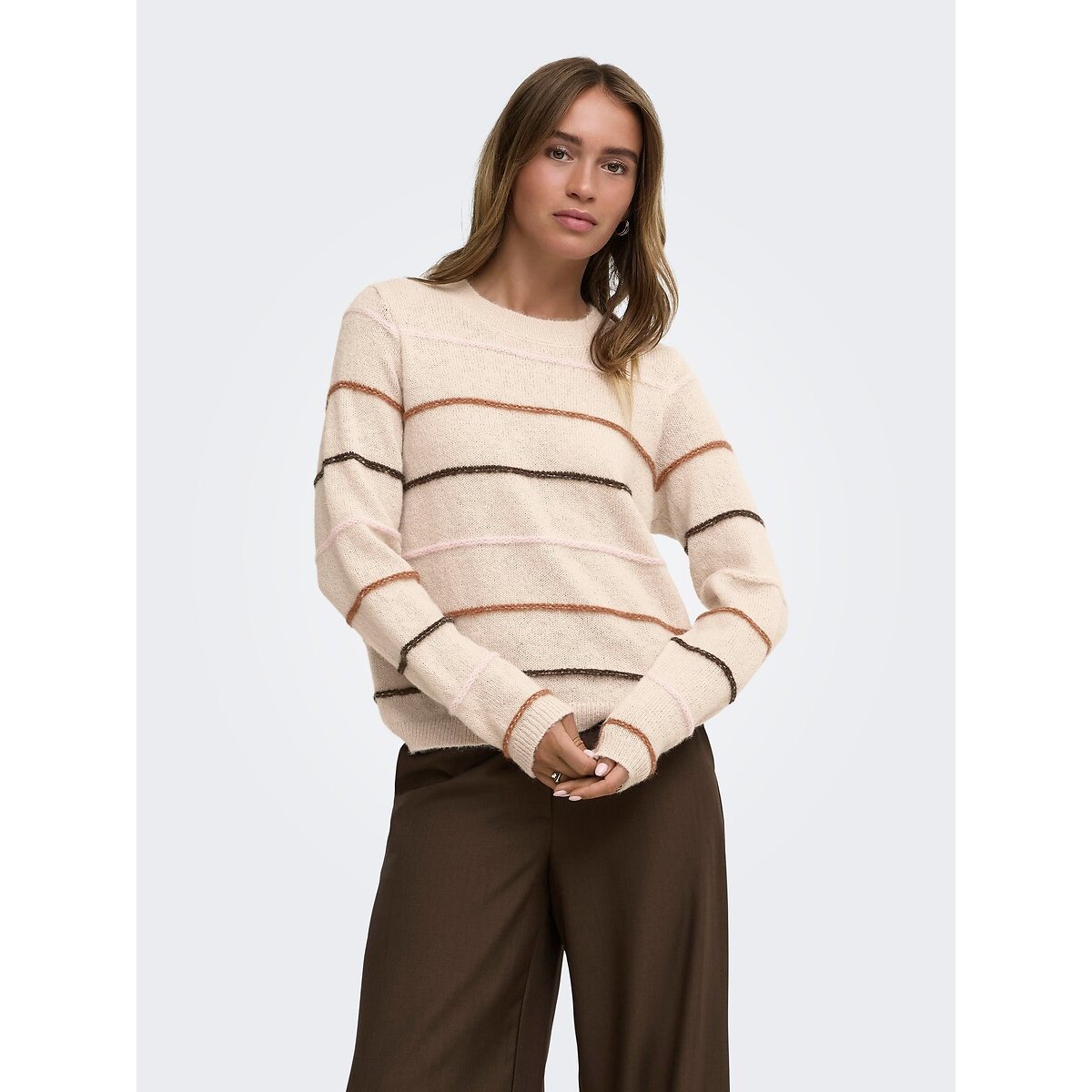 Pull girocollo a righe colorate beige, JDY