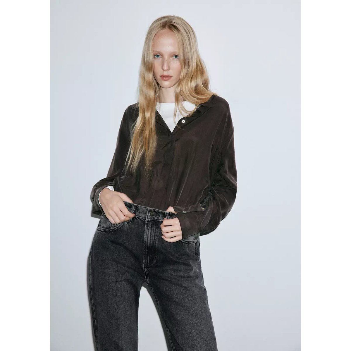 Jean flare regular waist black denim, MANGO