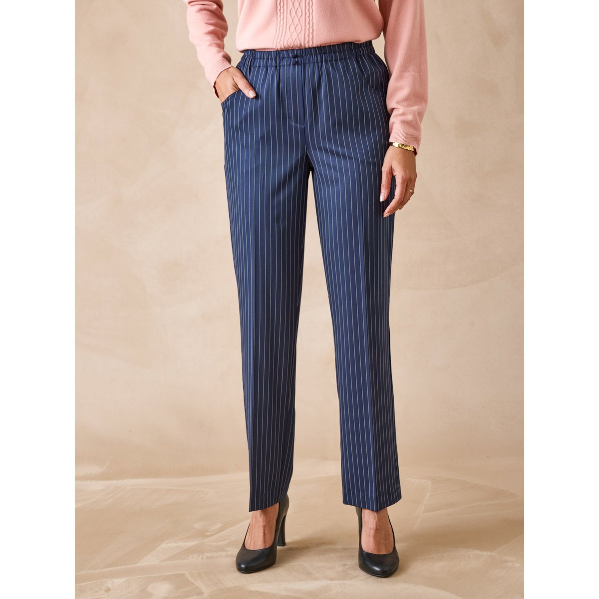 Pantalon femme entièrement élastiqué marine rayé, DAXON