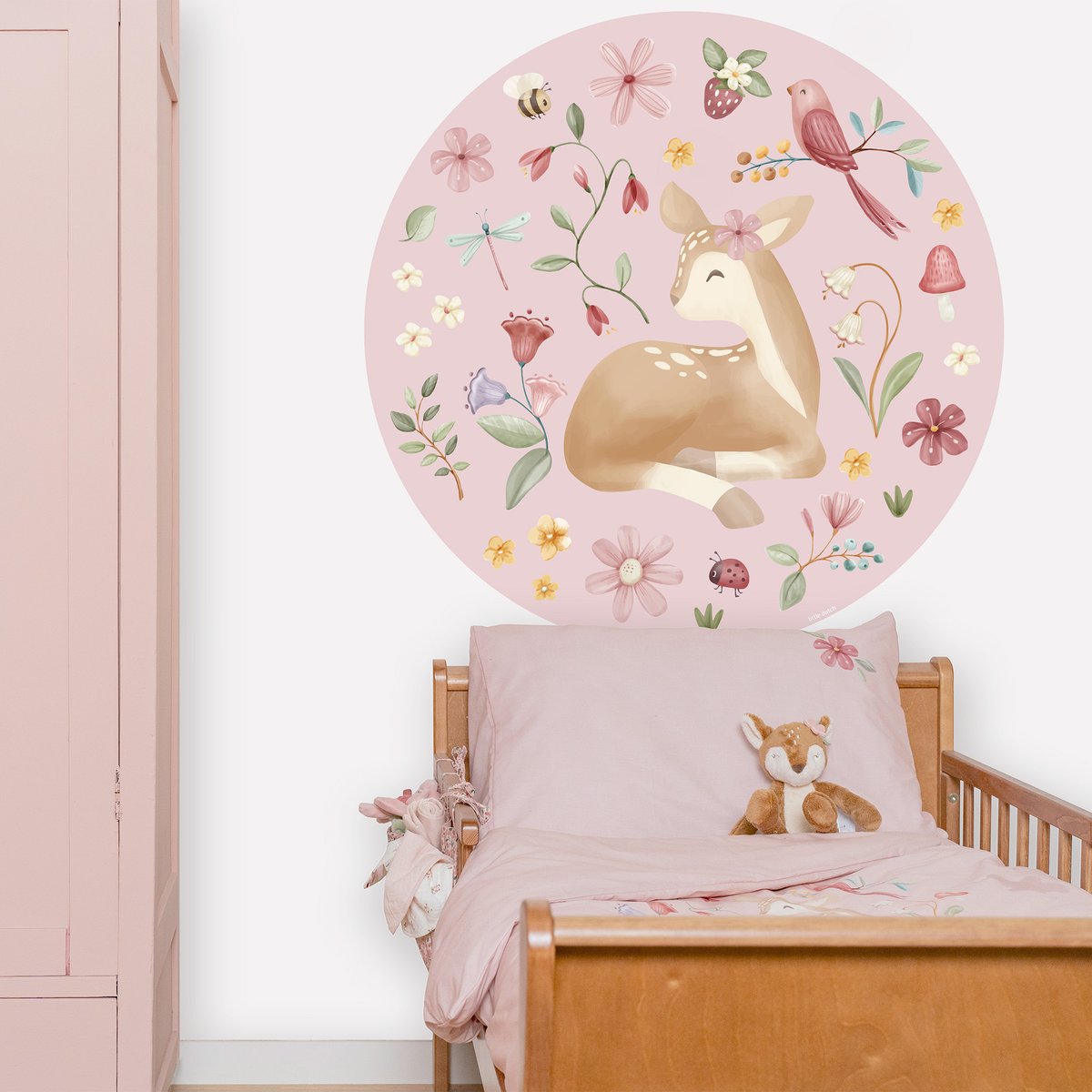 Papier peint rond pour enfant Petit faon rose, vert, ocre, LITTLE DUTCH