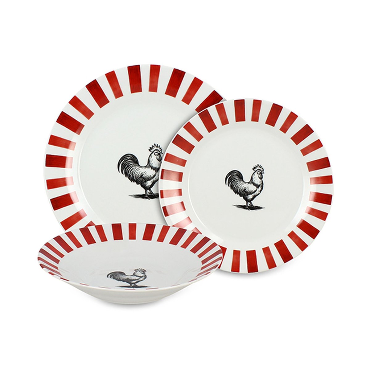 Service de table 36 pièces en porcelaine, COCORICO blanc-rouge, NOVASTYL