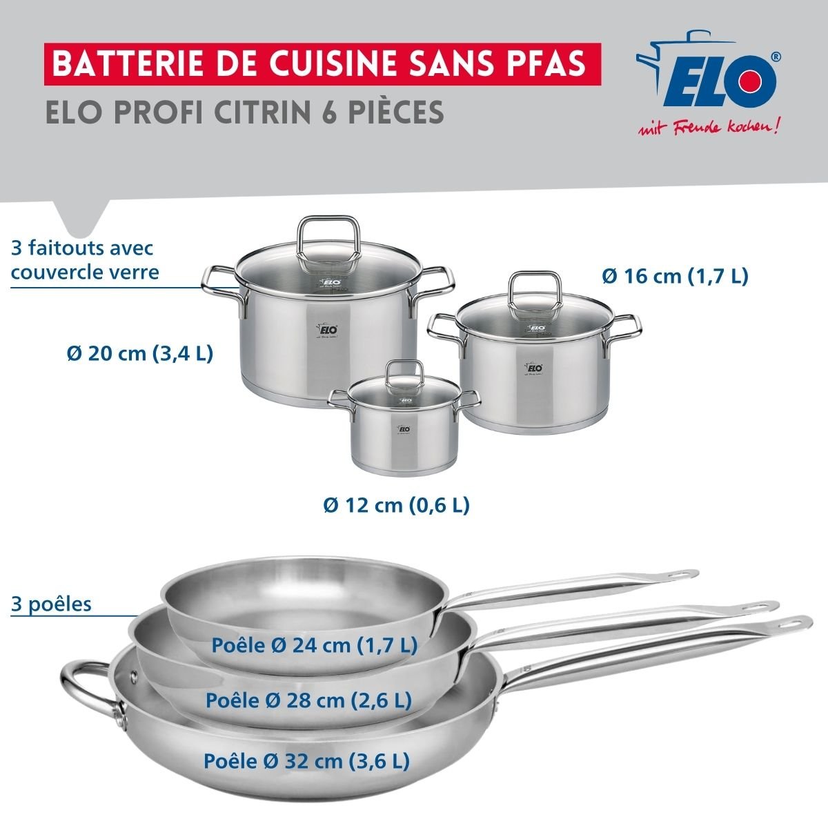 3 poêles 24/28/32cm + 3 faitouts 12/16/20cm PROFI CITRIN gris, ELO