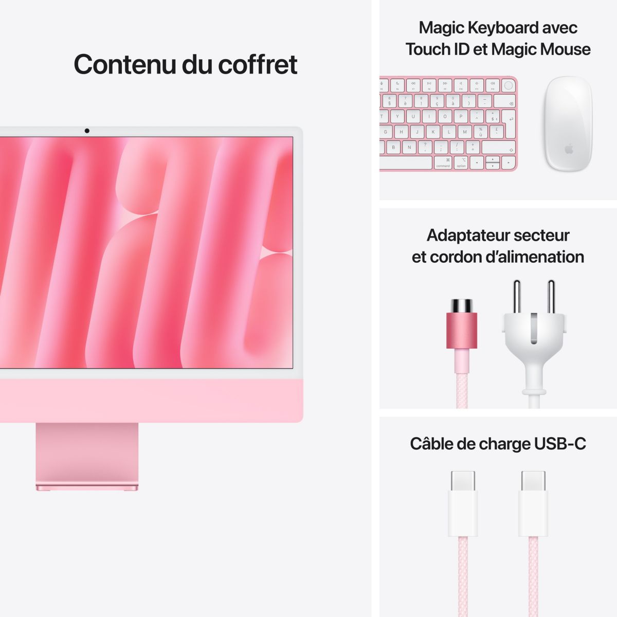 Ordinateur Apple 24" Ecran Retina 4,5K Puce M4 CPU 10 / GPU 10 coeurs Mémoire RAM 24Go Stockage 512Go SSD Rose couleur unique, APPLE