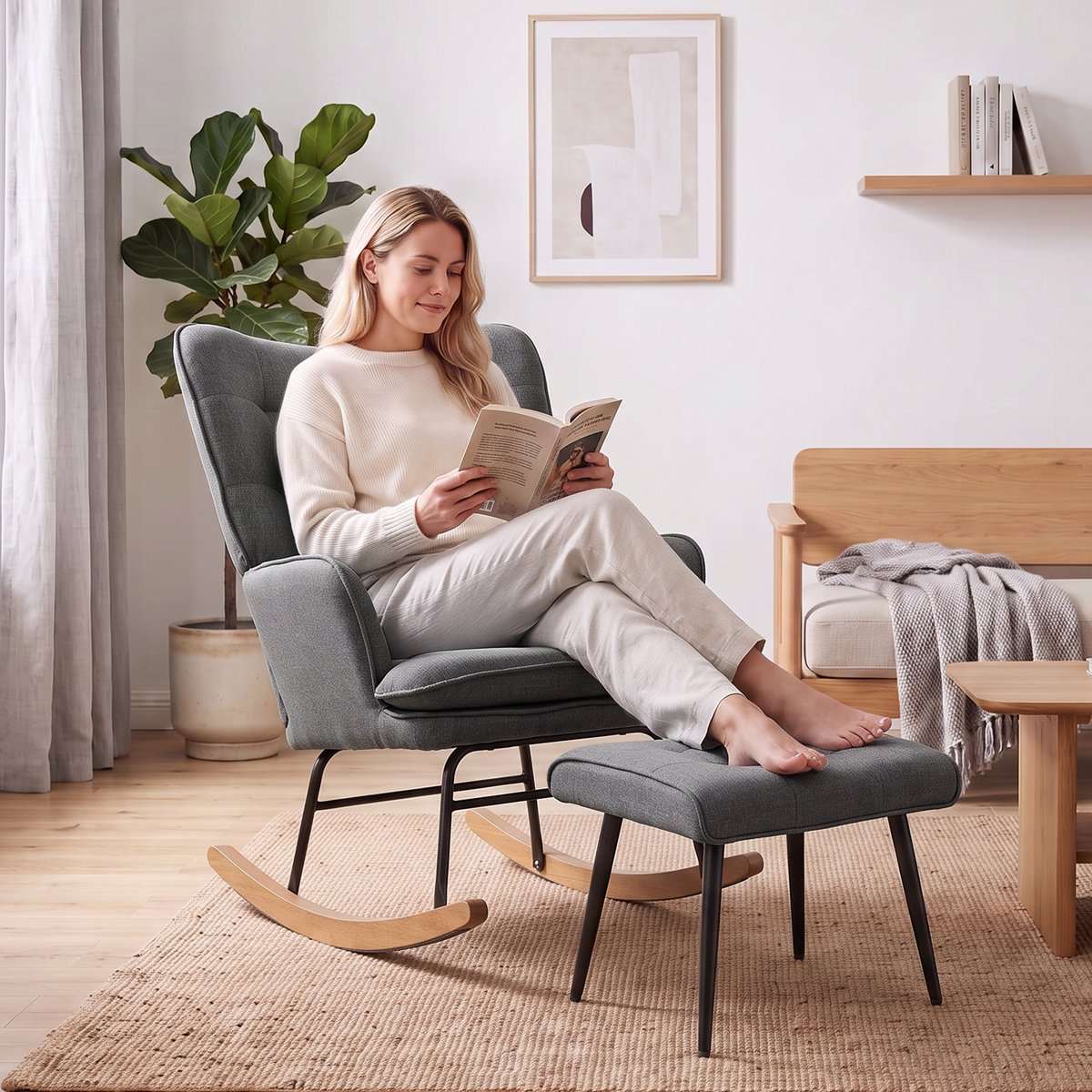 Ensemble de fauteuils à bascule Tissu aspect gris, bois naturel et noir, HOMCOM