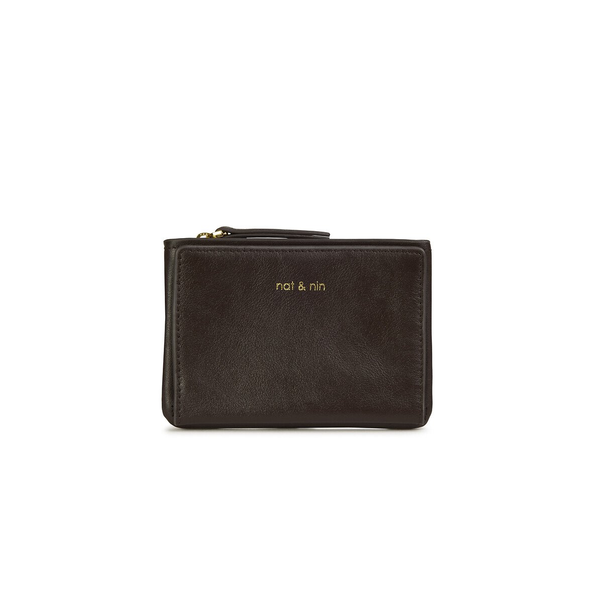 Portefeuille zippé en cuir grainé SOLY ebène, NAT & NIN