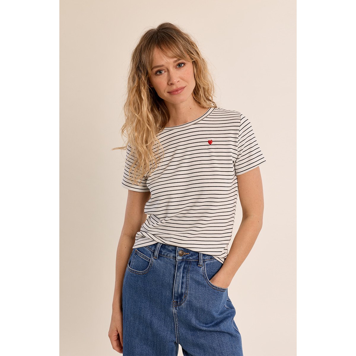 T-shirt rayé, coeur offwhite/black, MOLLY BRACKEN