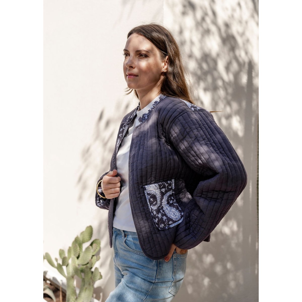 Veste matelassée imprimée MEERA bleu bleuet, BINDI ATELIER