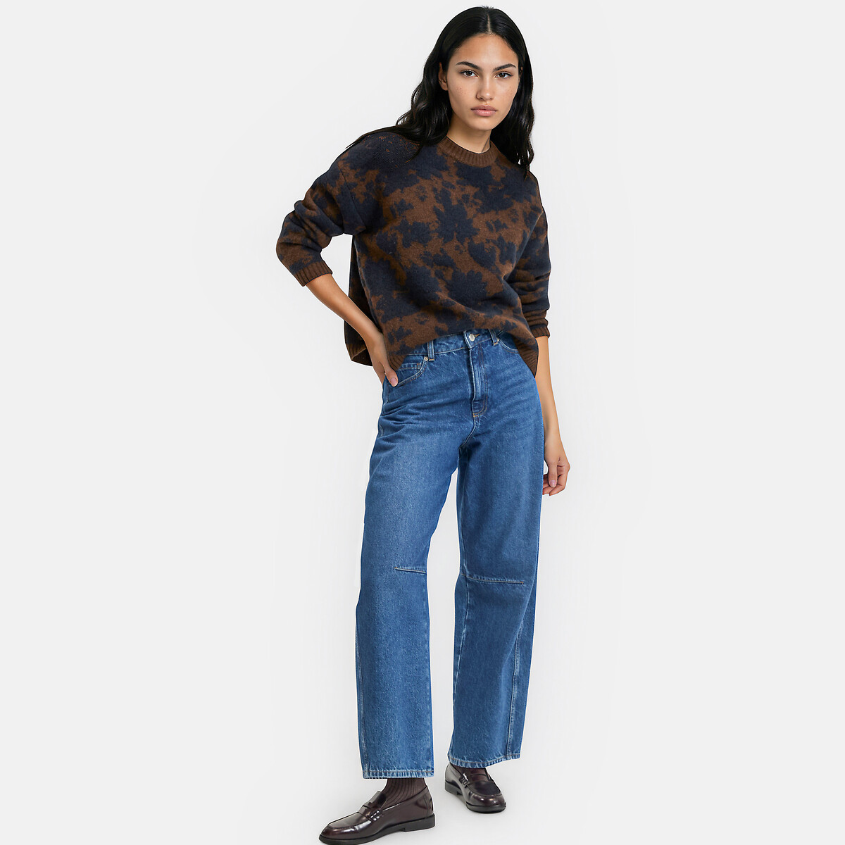 Pull col rond, en jacquard floral marron foncé/imprimé, LA REDOUTE COLLECTIONS