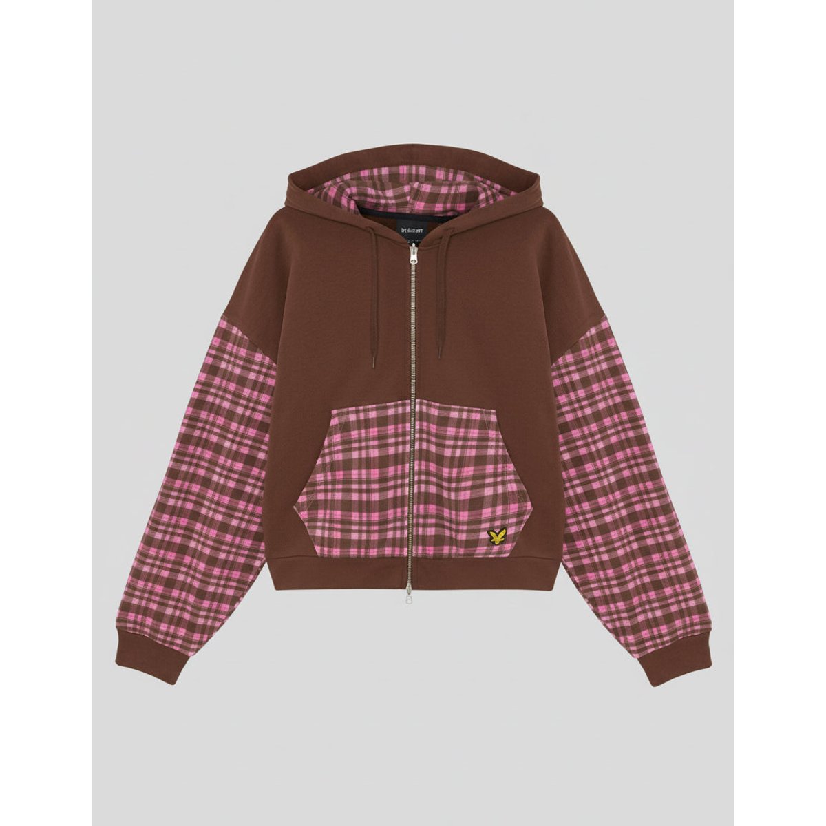 Sweat à capuche zippé contrasté à carreaux brun ganache marron/ phlox rose, LYLE & SCOTT